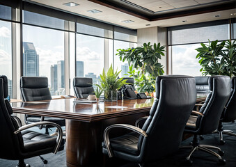 Fototapeta premium Interior of modern conference room with panoramic window and city view