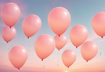 pink peach fuzz balloons in the sunset sky background. Birthday party trendy ad.