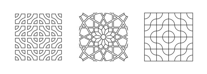 Set of black and white geometric ornaments. Decorative arabesque in Arabic style. Vector abstract design.