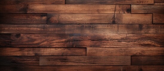 A closeup of a brown hardwood wall made of wooden planks in a rectangular pattern. The wood stain enhances the tints and shades of the plywood flooring - obrazy, fototapety, plakaty