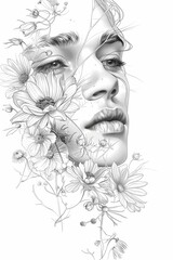 Face with flower in line drawing, high detail, abstract women portrait line drawing on vintage ivory background 