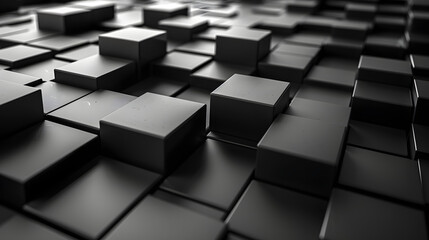 A monochromatic image featuring a pattern of 3D black cubes with highlights and shadows