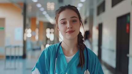 Fototapeta premium Young student standing in a hospital wearing medical scrubs. Confident female student studying medicine in university.