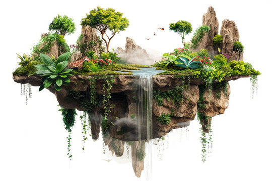 fantastic space garden with floating islands, exotic plants and wildlife against a white background,