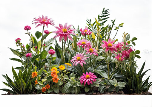 Flower bed with pink gerbera daisies on white background