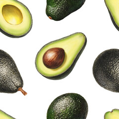Seamless pattern with Illustrations of avocado. Color pencil drawings. Perfect for product packaging, home textile, stationery and other goods - 764024903