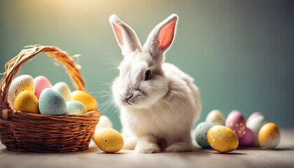 Easter bunny. Easter holiday card. Magic illustration with a rabbit in a basket and Easter eggs