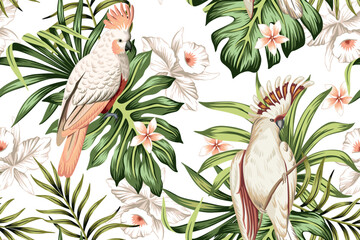 Tropical vintage palm leaves, white orchid flower, pink cockatoo parrot floral seamless pattern white background. Exotic jungle wallpaper. - 764024934