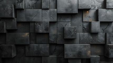 This abstract composition features textured dark cubes arranged in a repetitive, grid-like pattern