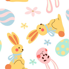 Seamless Easter Pattern of Cute Bunnies with eggs, flowers on White Background. Vector Illustration.