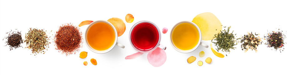 Creative layout made of cups of tea, green tea, black tea, fruit and herbal tea, sencha, hibiscus, ginger on white background with watercolor spots. Flat lay. Food concept.