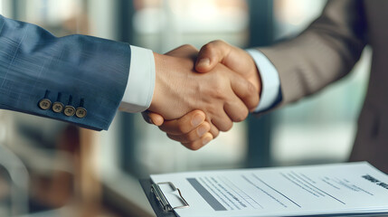 Joint Venture Agreement: Formal Handshake Between Two Business Entrepreneurs with Contract Background - obrazy, fototapety, plakaty
