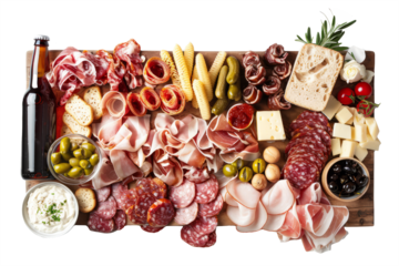 Top view of beer and charcuterie board filled with various meats, cheese and breadsticks combined with bottles of beer, on white background.