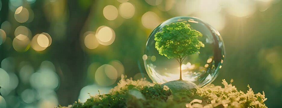 glass globe ball with tree growing and green nature blur background. eco earth day concept 4K Video