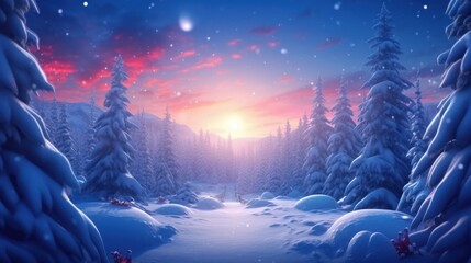 Fairy forest covered with snow in a moon light. Milky way in a starry sky.