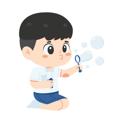 Kid boy student blowing soap bubbles - 764025578