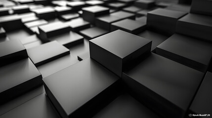 A 3D render of black and white abstract cubes differing in height, evoking a sense of depth and complexity - obrazy, fototapety, plakaty