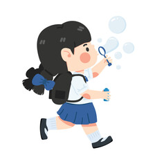  Kid girl student blowing soap bubbles - 764025586