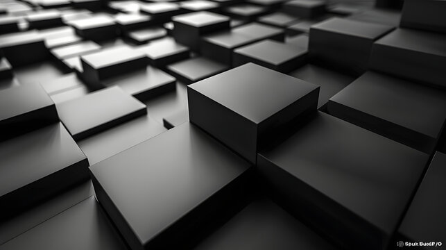 Fototapeta A 3D render of black and white abstract cubes differing in height, evoking a sense of depth and complexity