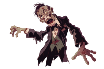 A suited businessman zombie, his expensive attire in tatters, reaching out with a ghastly expression.