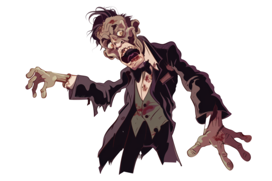 A suited businessman zombie, his expensive attire in tatters, reaching out with a ghastly expression.