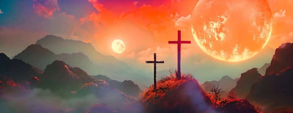 Good friday - Three cross crucifix on mountain and orange green sky and sunshine texture background vector design 4K Video