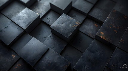 Artistic composition of textured black cubes with hints of gold, showcasing a contrast between luxury and simplicity
