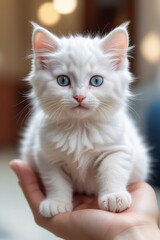 An adorable tiny white kitten on a human hand, vertical composition