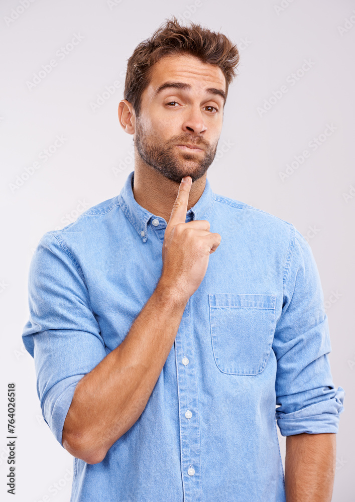 Aufkleber Thinking, portrait and man in studio with why, questions or brainstorming solution on white background. Idea, face and curious male model with problem solving memory, remember or reflection gesture