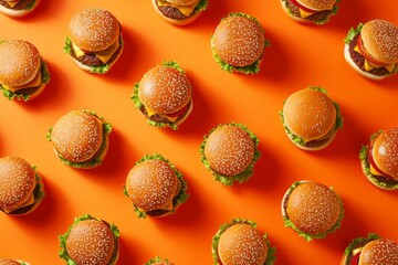 Wallpaper with a bunch of burgers on orange background. Lots of tasty burgers, yummy screen saver. Fast food backdrop.