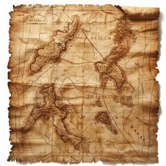 Old paper map on a white background with a pattern of mountains and trees