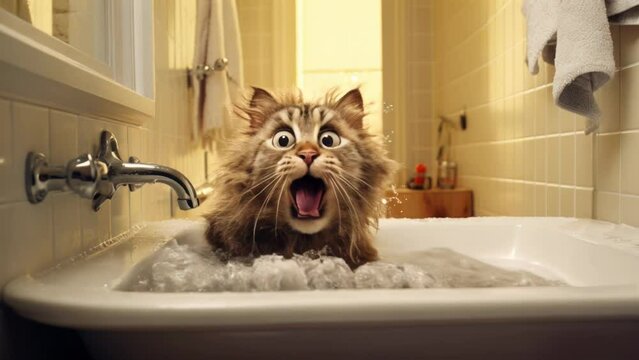Amusing cat caught off guard in tub