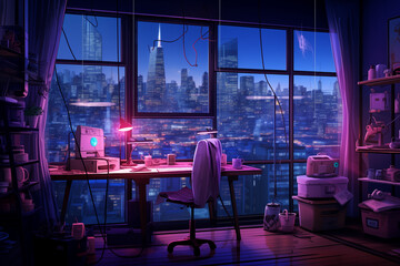 Illustration of the interior of a futuristic sewing studio in neon colors. Work table with sewing tools. View of downtown at night from the window. AI generated - obrazy, fototapety, plakaty