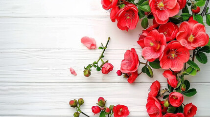 Fototapeta premium red quince flowers on white wooden table background High quality photo
