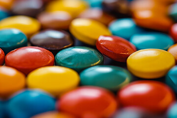 Fototapeta na wymiar Closeup of colorful pills and vitamins. Health, medicine, and wellness concept