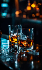 Whiskey on the rocks in two glasses, with sharp focus and a bokeh of bar lights in the background, evokes an upscale nightlife setting.