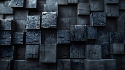 This image features a series of textured wooden cubes arranged in a complex abstract pattern, casting intriguing shadows
