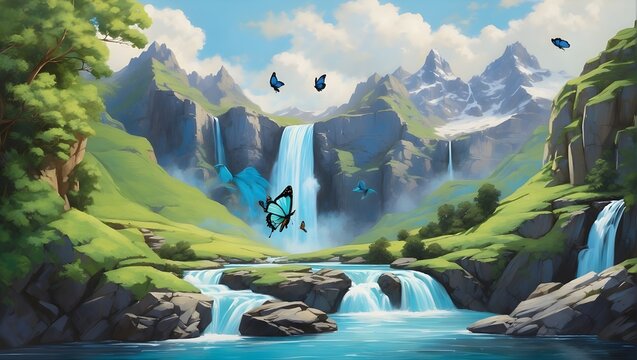 A painting of a butterfly in flight over a river with a waterfall and pink flowers. The background has large mountains and a blue sky with clouds,flowers in the mountains