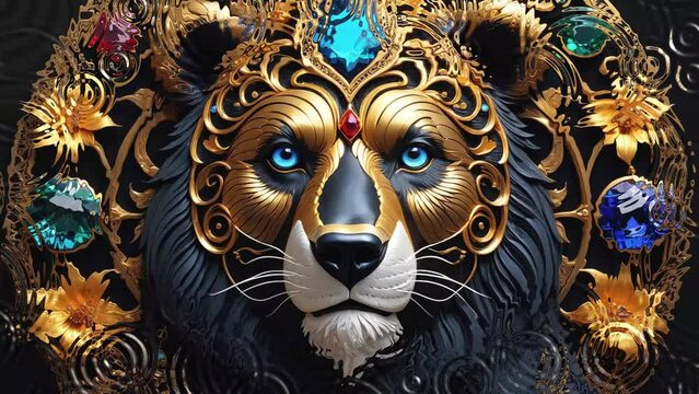 Ornate Totemic Animal with Rippling Water Effect Video Intro Mockup for Spiritual and Nature-Themed Content.  Majestic Ornate Bear with Gemstones and Golden Accents Artistic Video Mockup

