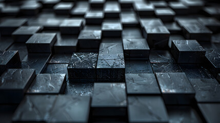 This image showcases an array of black cubes creating a visually compelling geometric pattern simulating a terrain