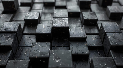 The image features uniform black blocks with a single distinctive gap creating a sense of interruption and focus