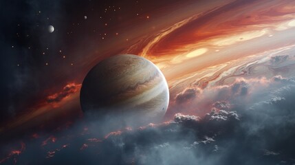 a gas giant with swirling storms, massive atmospheric phenomena, and floating islands suspended in the upper layers of the atmosphere.