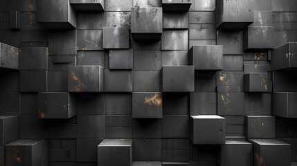 A closeup view of dark textured cubes with reflective surfaces forming a continuous pattern