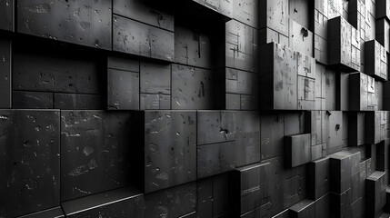 A dynamic pattern of varied size black cubes showcasing a play of light and shadows