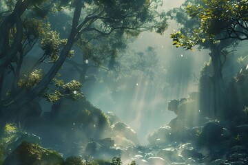 Mystical Forest: Create a sense of magic with a photo of a mist-covered forest, where sunlight filters through the trees, creating an enchanting atmosphere.

