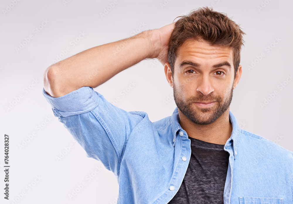 Poster thinking, doubt or portrait of man in studio with confused, gesture or reaction on white background.