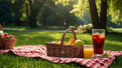 Picnic basket with fruit and juice on the green grass in the park