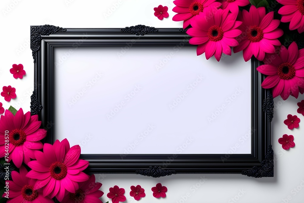 Wall mural an empty frame surrounded by bright red, pink flowers, place for text