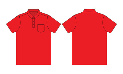 Blank red short sleeve polo shirt with one pocket template on white background. Front and back view, vector file