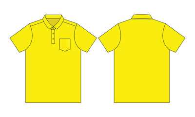 Blank yellow short sleeve polo shirt with one pocket template on white background. Front and back view, vector file